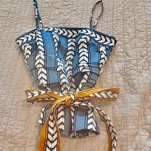 White House Black Market Light Blue and Black Patterned Top